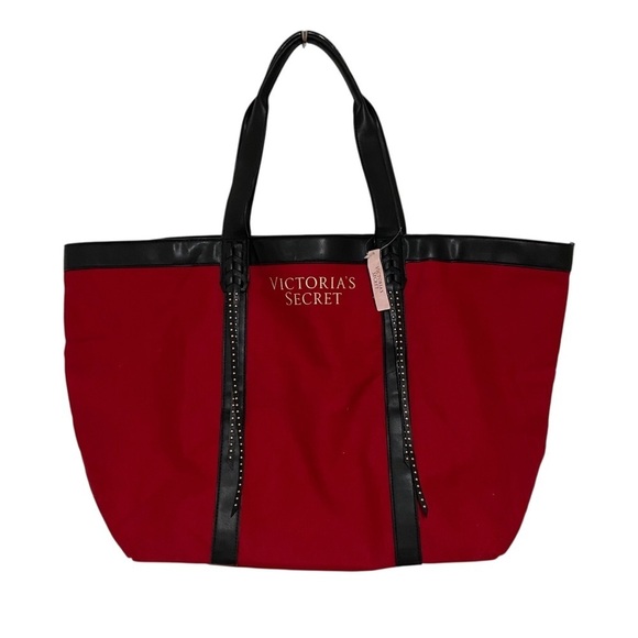 Victoria's Secret Handbags - Victoria’s Secret NWT Red and Black Studded Tassel Canvas Tote Bag Purse